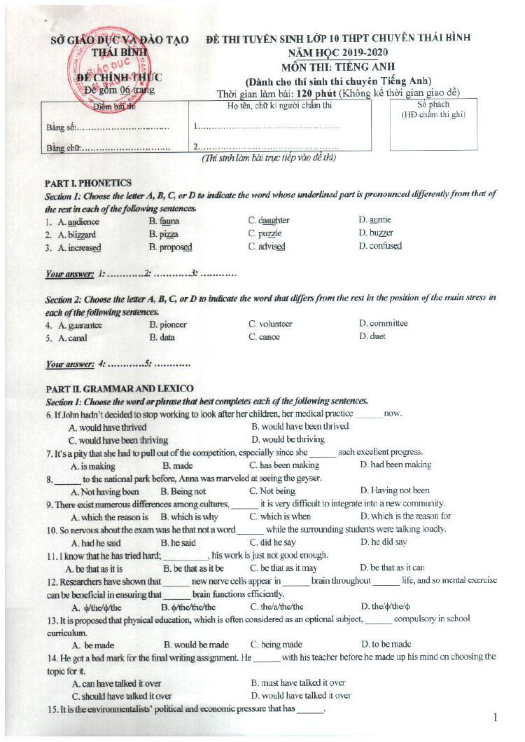 Đề thi vào lớp 10 chuyên Tiếng Anh
