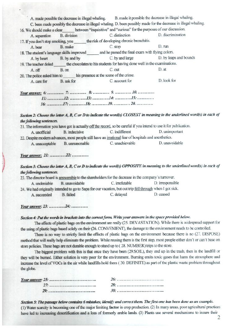 Đề thi vào lớp 10 chuyên Tiếng Anh