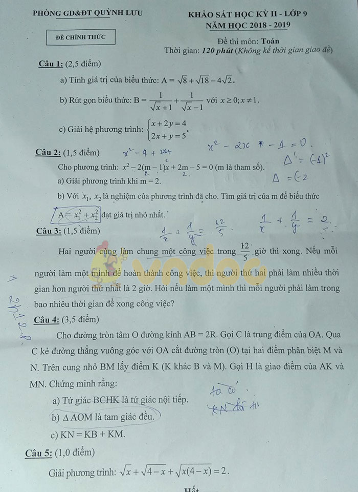 Đề thi học kì 2 lớp 9 môn Toán Phòng GD&ĐT Quỳnh Lưu năm học 2018 - 2019