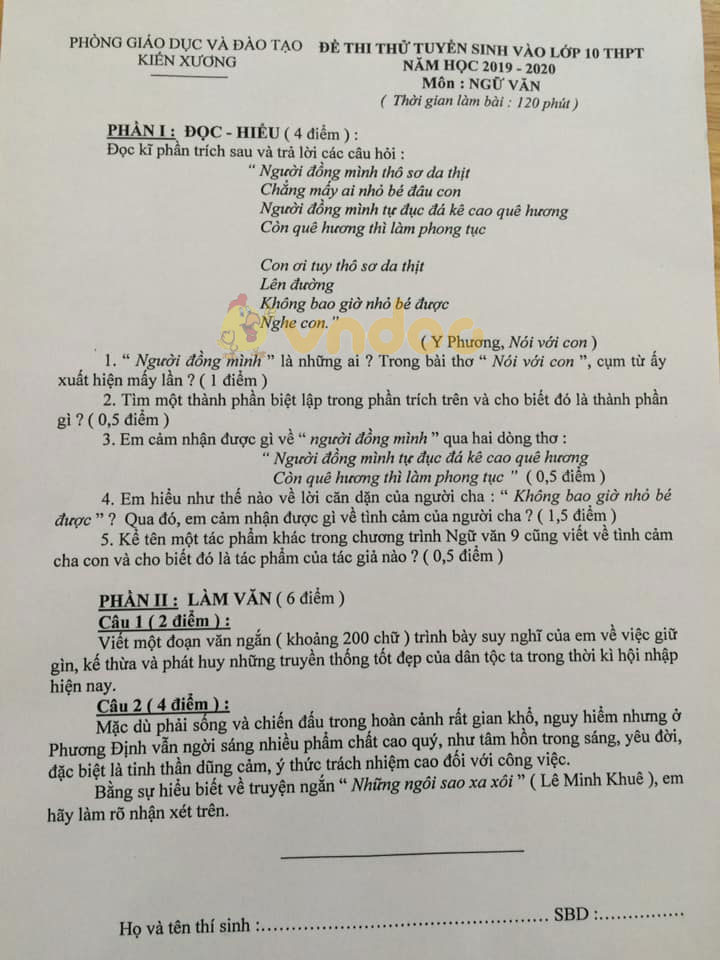 Đề thi thử vào lớp 10 môn Ngữ văn Phòng GD&ĐT Kiến Xương năm học 2019 - 2020
