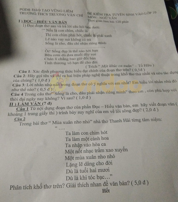 Đề thi thử vào lớp 10 môn Ngữ văn Trường THCS Trương Văn Chỉ, Vũng Liêm năm học 2019 - 2020