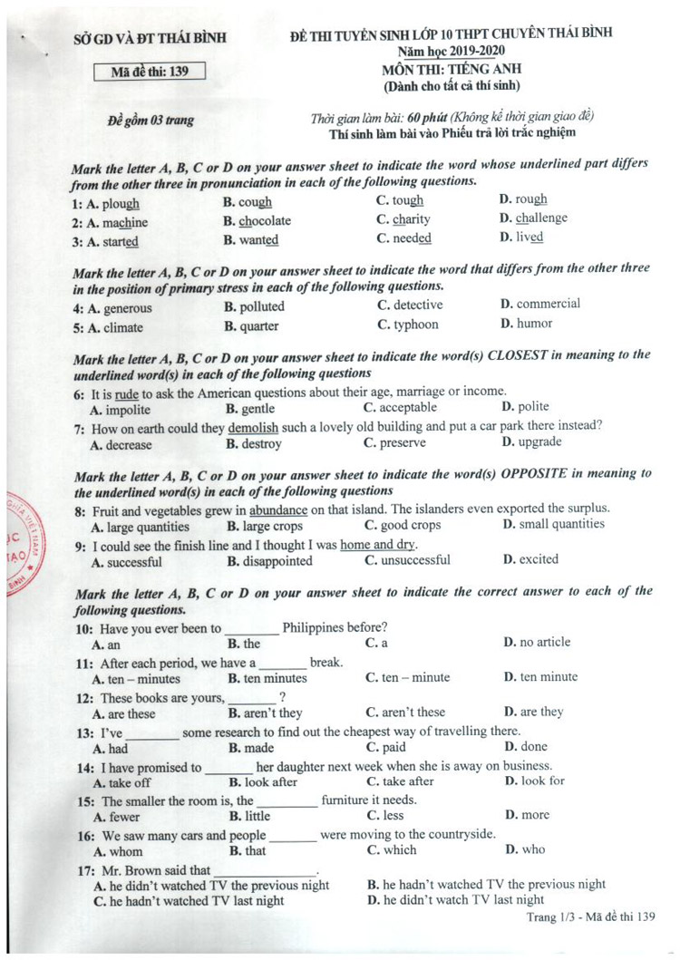 Đề thi vào lớp 10 môn Tiếng Anh