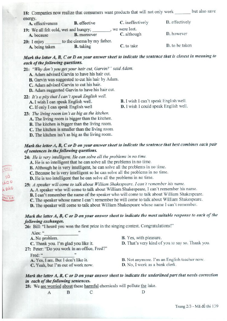 Đề thi vào lớp 10 môn Tiếng Anh
