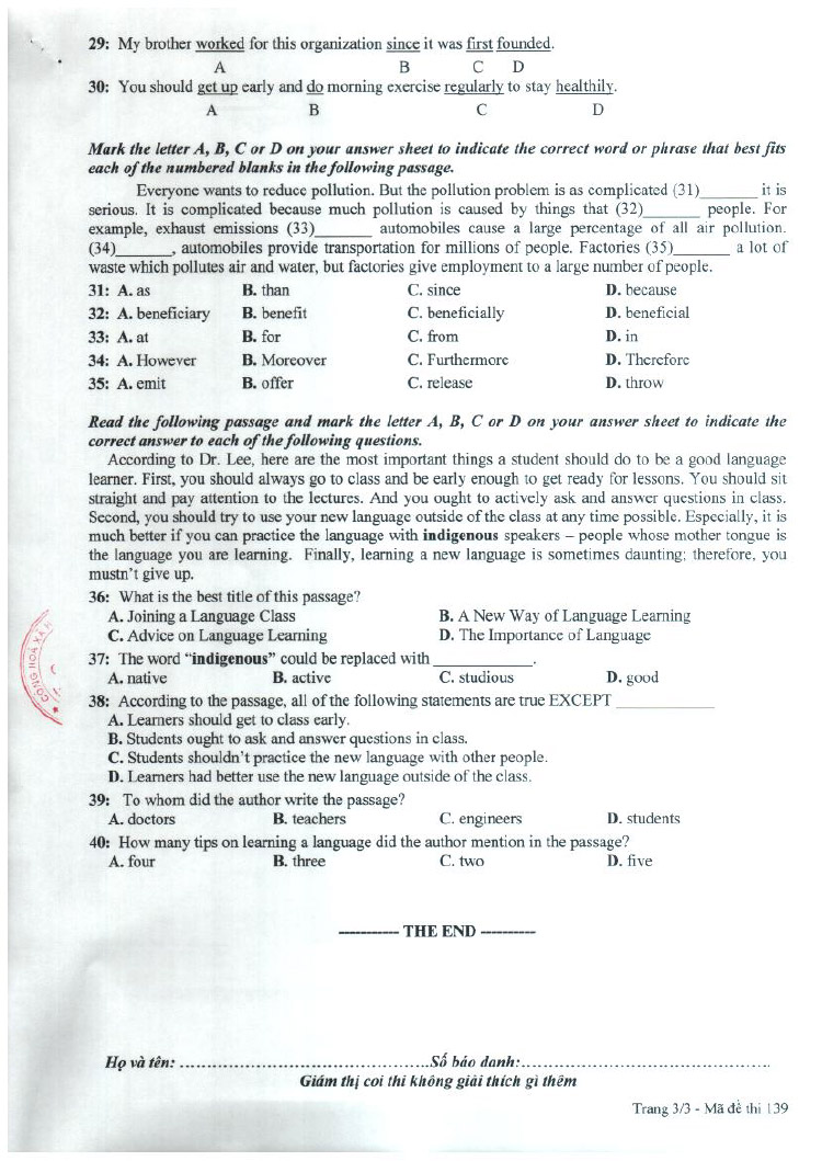 Đề thi vào lớp 10 môn Tiếng Anh