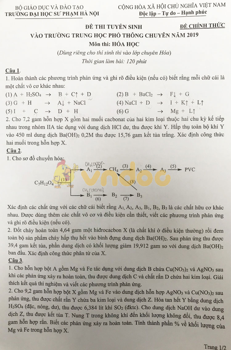 Đề thi tuyển sinh vào lớp 10 môn Hóa học THPT Chuyên Sư Phạm Hà Nội năm học 2019 - 2020 (chuyên Hóa)