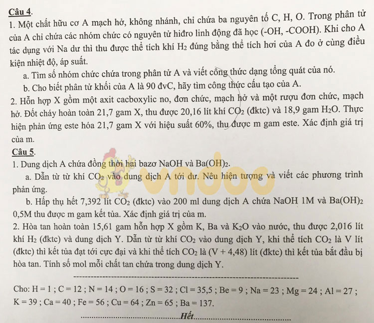 Đề thi tuyển sinh vào lớp 10 môn Hóa học THPT Chuyên Sư Phạm Hà Nội năm học 2019 - 2020 (chuyên Hóa)