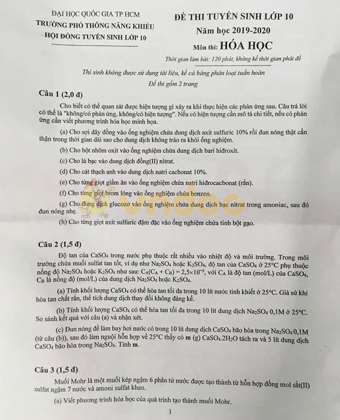 Đề thi tuyển sinh vào lớp 10 môn Hóa học Trường Phổ Thông Năng Khiếu, Hồ Chí Minh năm học 2019 - 2020
