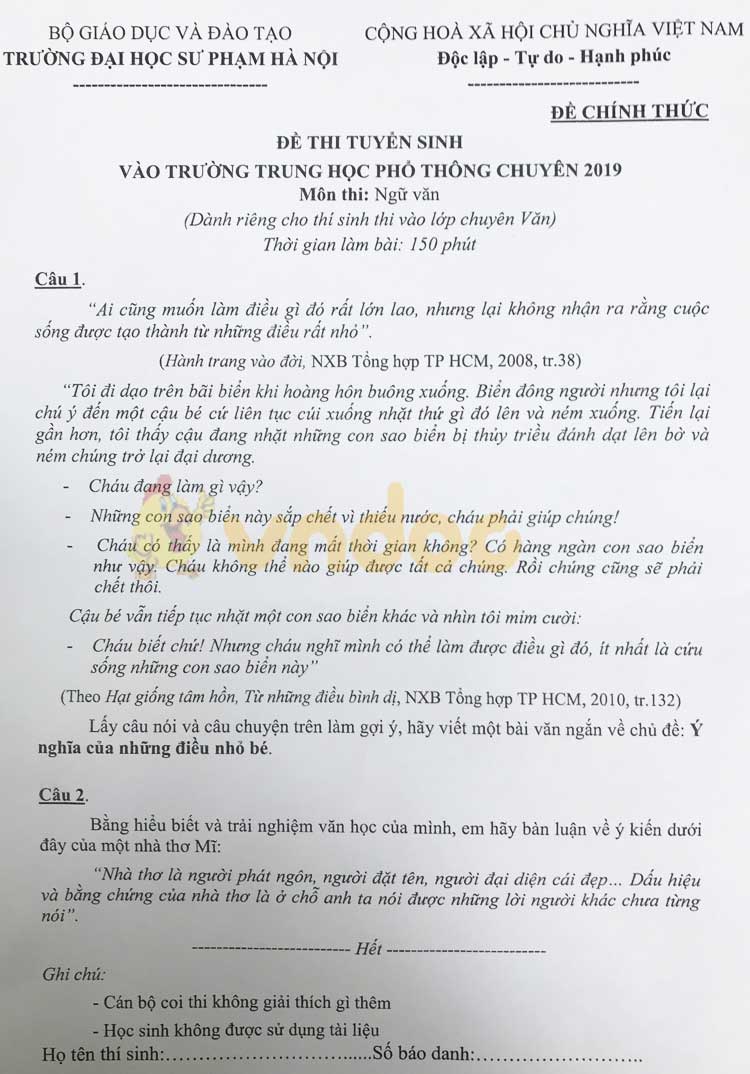 Đề thi tuyển sinh vào lớp 10 môn Ngữ văn THPT Chuyên Sư Phạm Hà Nội năm học 2019 - 2020 (Chuyên Văn)
