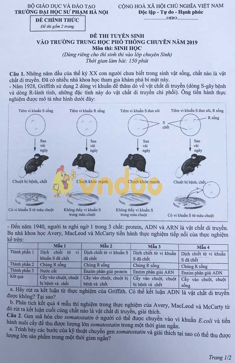 Đề thi tuyển sinh vào lớp 10 môn Sinh học THPT Chuyên Sư Phạm Hà Nội năm học 2019 - 2020 (chuyên Sinh)
