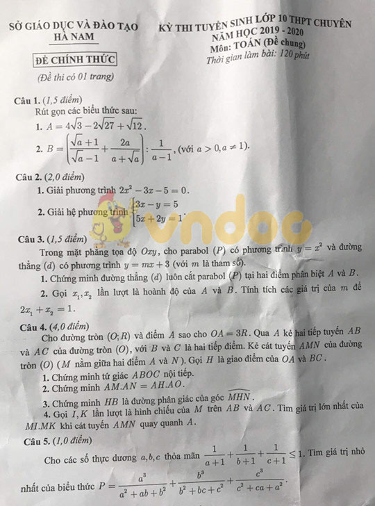 Đề thi tuyển sinh vào lớp 10 môn Toán THPT Chuyên Sở GD&ĐT Hà Nam năm học 2019 - 2020 (đề chung)