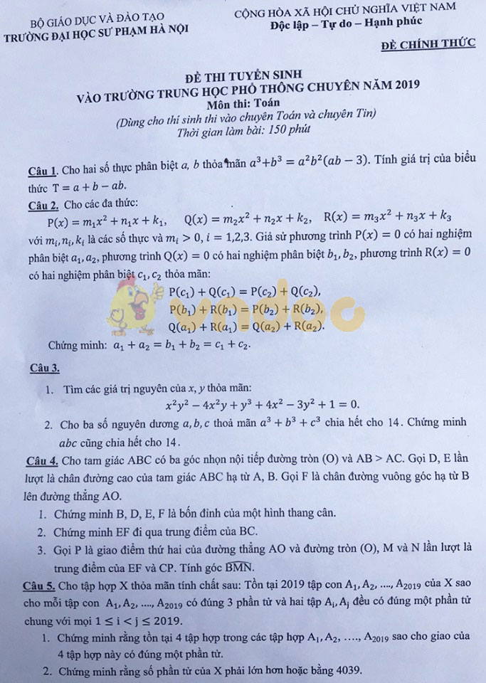 Đề thi tuyển sinh vào lớp 10 môn Toán THPT Chuyên Sư Phạm Hà Nội năm học 2019 - 2020 (Chuyên Toán - Tin)