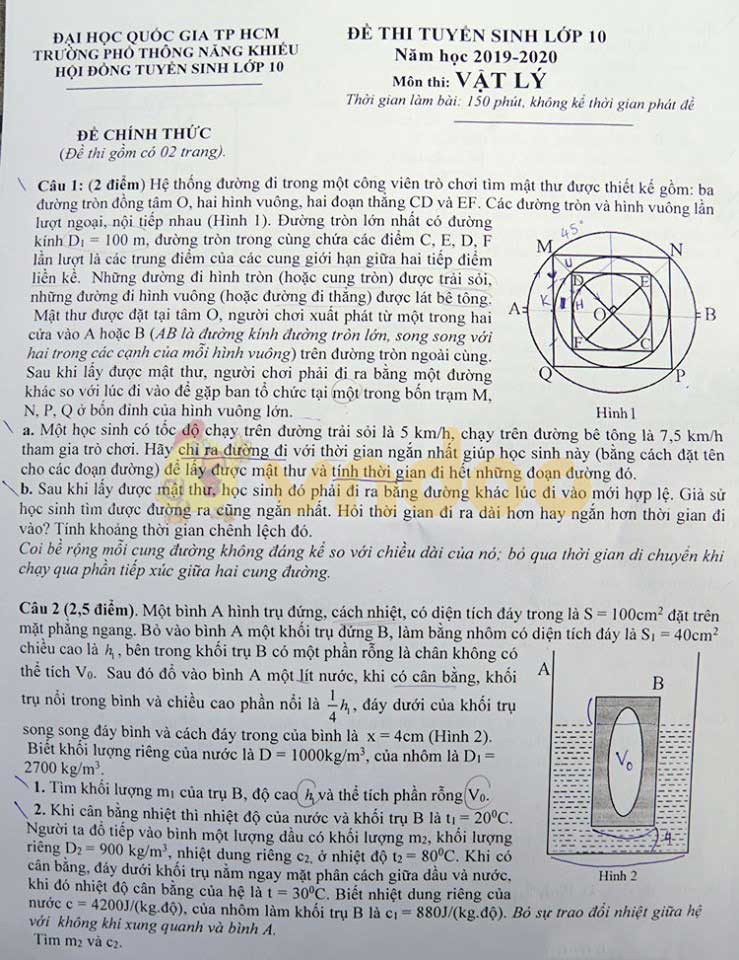 Đề thi tuyển sinh vào lớp 10 môn Vật lý trường Phổ Thông Năng Khiếu, Thành Phố Hồ Chí Minh năm học 2019 - 2020