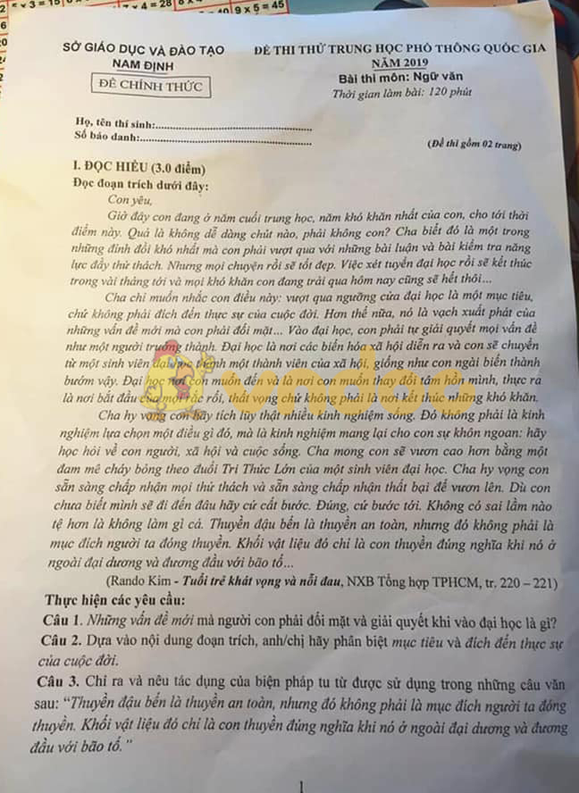 Đề thi thử THPT Quốc gia môn Ngữ văn năm 2019