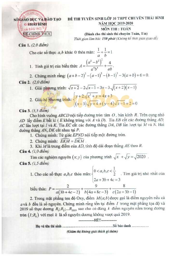 Đề thi tuyển sinh vào lớp 10 môn Toán THPT Chuyên Sở GD&ĐT Thái Bình năm học 2019 - 2020