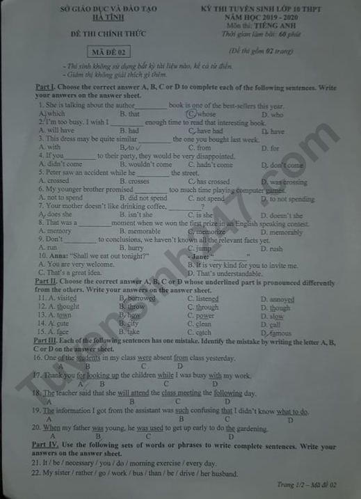 Đề thi vào lớp 10 môn Tiếng Anh