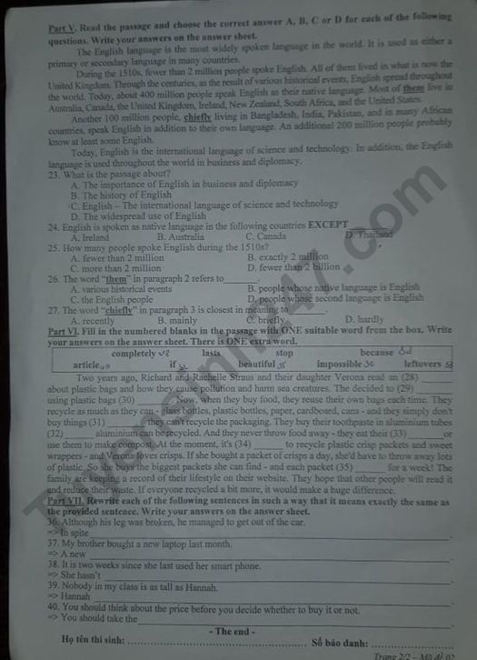 Đề thi vào lớp 10 môn Tiếng Anh