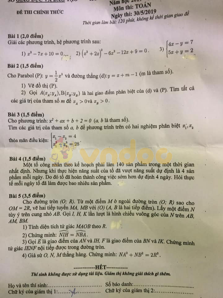 Đề thi vào lớp 10 môn Toán Sở GD&ĐT Bình Dương năm học 2019 - 2020
