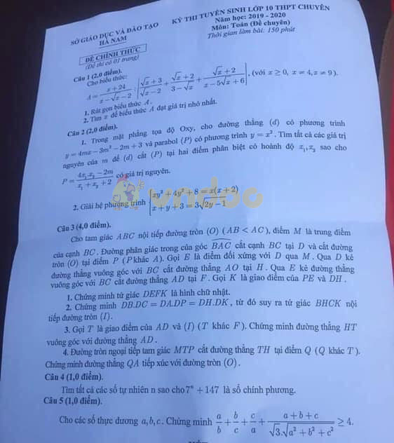 Đề thi tuyển sinh vào lớp 10 môn Toán THPT Chuyên Sở GD&ĐT Hà Nam năm học 2019 - 2020 (đề chuyên)