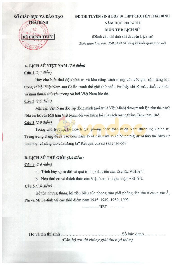 Đề thi tuyển sinh vào lớp 10 môn Lịch sử THPT Chuyên Sở GD&ĐT Thái Bình năm học 2019 - 2020 (chuyên Lịch sử)
