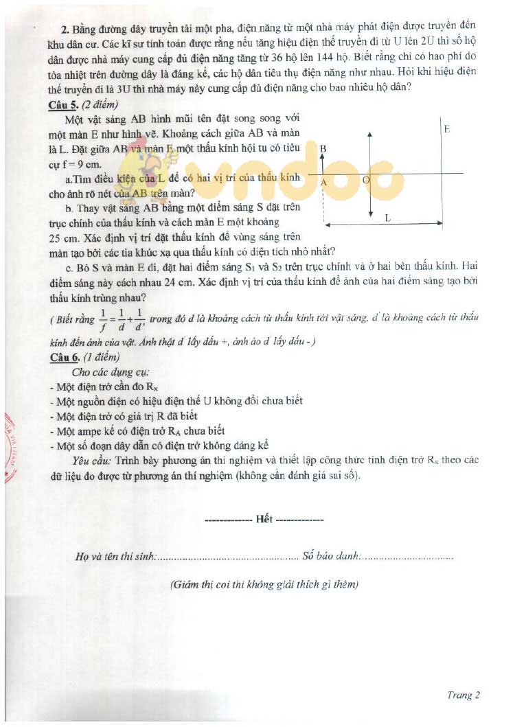 Đề thi tuyển sinh vào lớp 10 môn Vật lý THPT Chuyên Sở GD&ĐT Thái Bình năm học 2019 - 2020 (chuyên Lý)