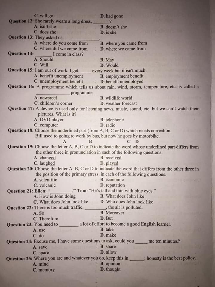 Đề thi vào lớp 10 môn Tiếng Anh