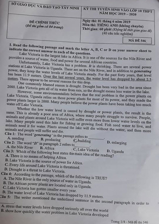 Đề thi vào lớp 10 môn Tiếng Anh