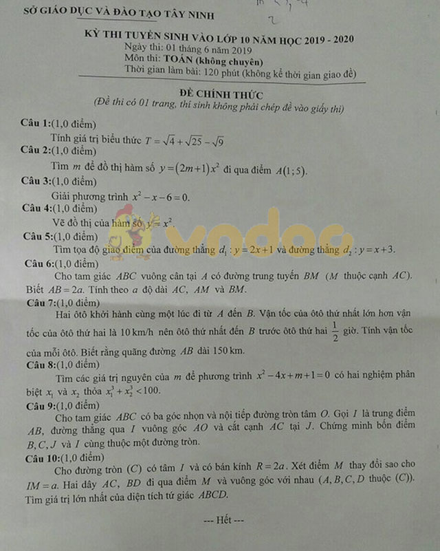 Đáp án đề thi vào lớp 10 môn Toán tỉnh Tây Ninh năm 2019