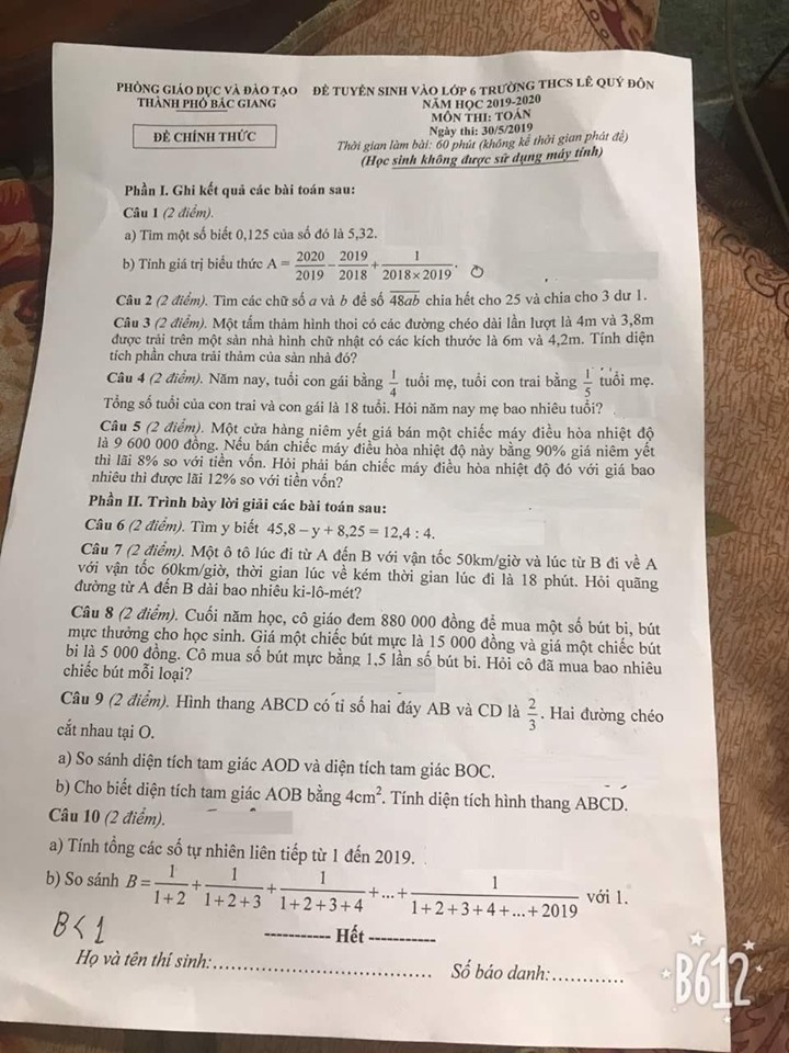Đề thi vào lớp 6 môn Toán