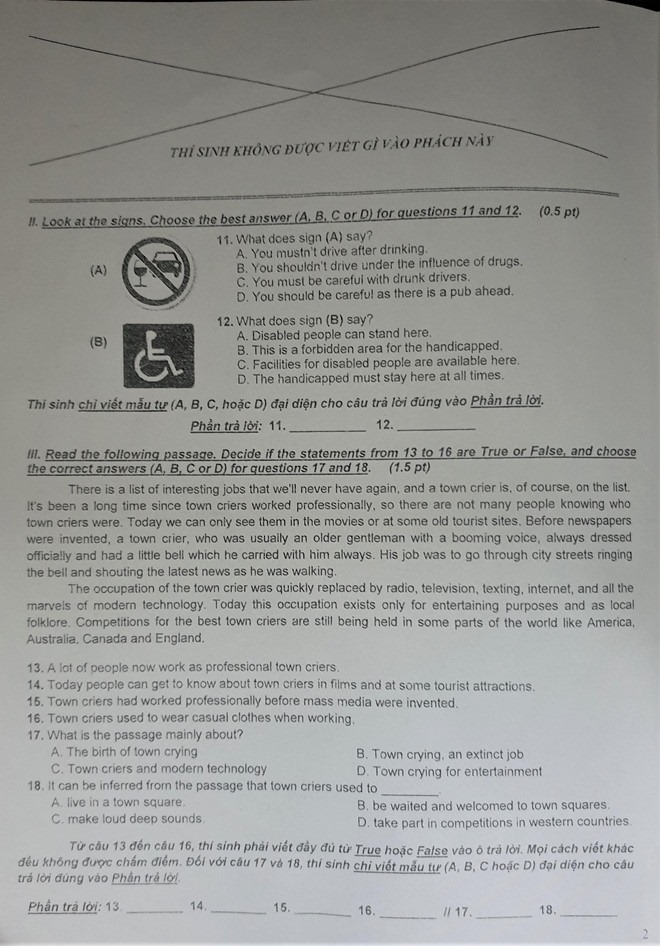 Đề thi vào lớp 10 môn Tiếng Anh