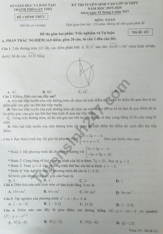 Đáp án đề thi vào lớp 10 môn Toán Thành phố Cần Thơ năm 2019