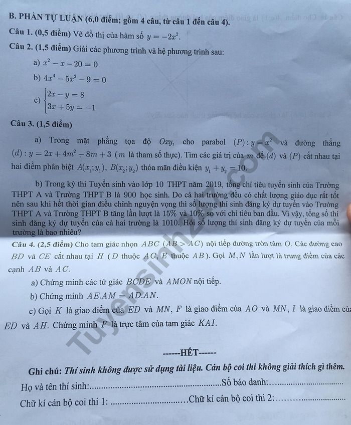 Đáp án đề thi vào lớp 10 môn Toán Thành phố Cần Thơ năm 2019