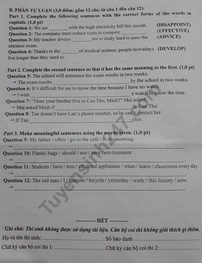 Đề thi vào lớp 10 môn Tiếng Anh