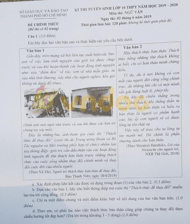 áp án đề thi vào lớp 10 môn Văn Thành Phố Hồ Chí Minh năm 2019