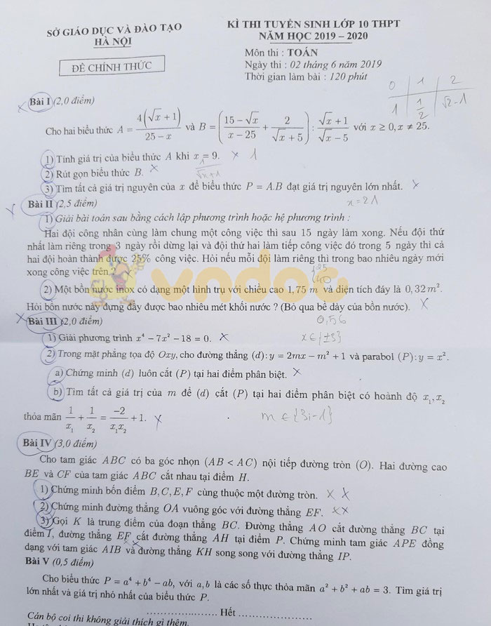 Đề thi vào lớp 10 môn Toán Hà Nội năm 2019