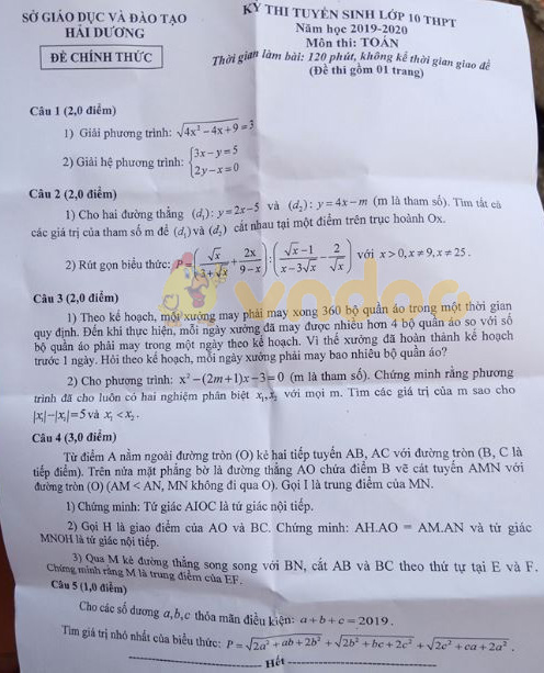 Đáp án đề thi vào lớp 10 môn Toán Thành phố Hải Dương năm 2019