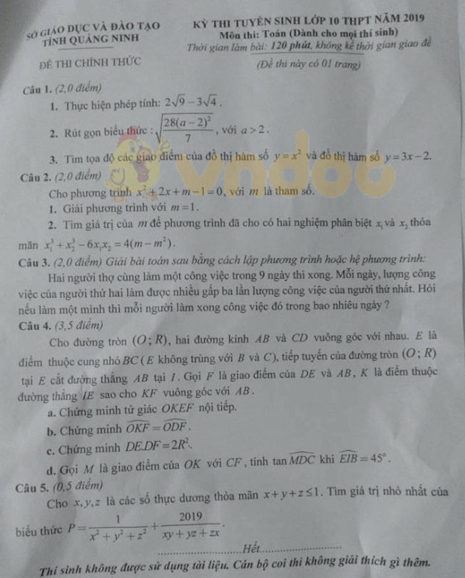 Đáp án đề thi vào lớp 10 môn Toán tỉnh Quảng Ninh năm 2019