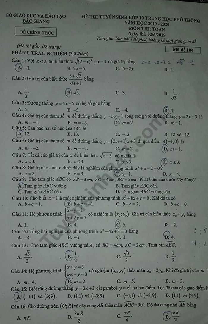Đáp án đề thi vào lớp 10 môn Toán tỉnh Bắc Giang năm 2019