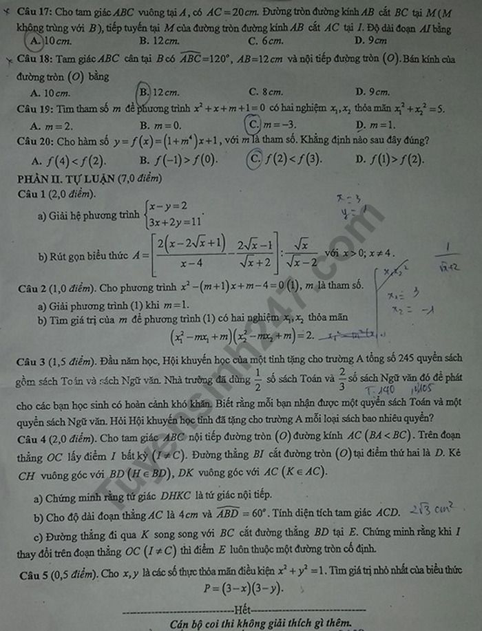 Đáp án đề thi vào lớp 10 môn Toán tỉnh Bắc Giang năm 2019