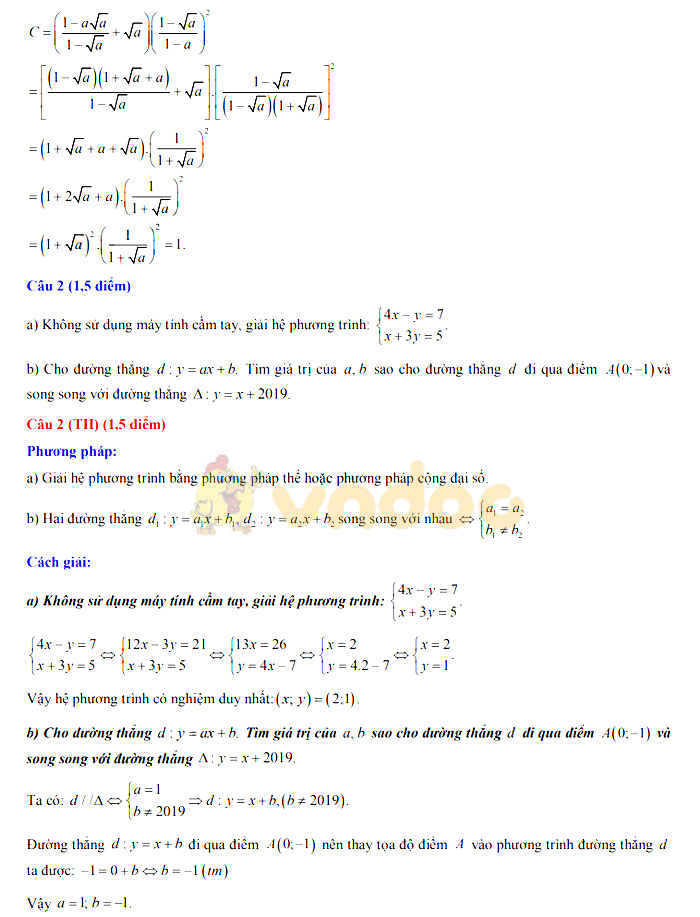 Đáp án đề thi vào lớp 10 môn Toán tỉnh Thừa Thiên Huế năm 2019