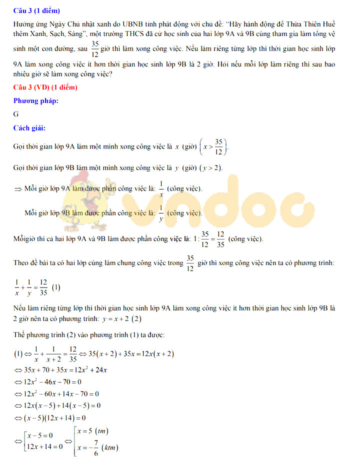 Đáp án đề thi vào lớp 10 môn Toán tỉnh Thừa Thiên Huế năm 2019