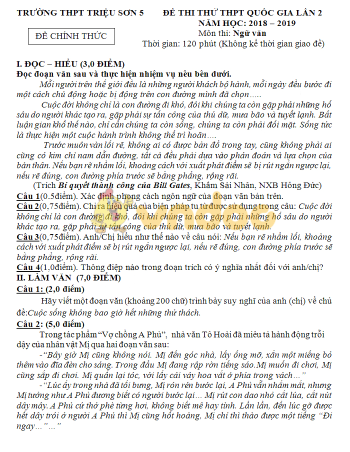 Đáp án đề thi thử THPT Quốc gia môn Ngữ văn năm 2019