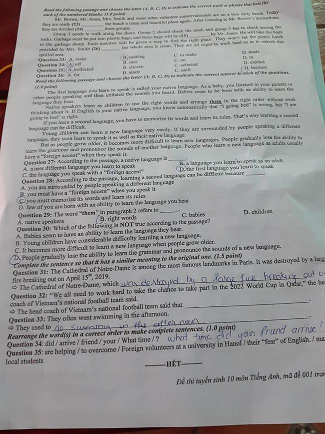 Đề thi vào lớp 10 môn Tiếng Anh