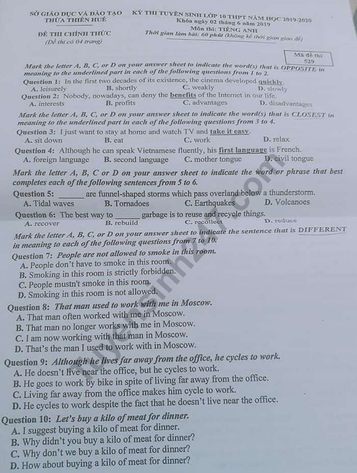 Đề thi vào lớp 10 môn Tiếng Anh