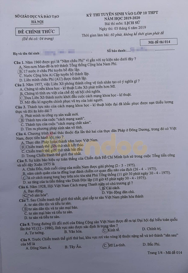 Đáp án đề thi vào lớp 10 môn Lịch sử Hà Nội năm 2019
