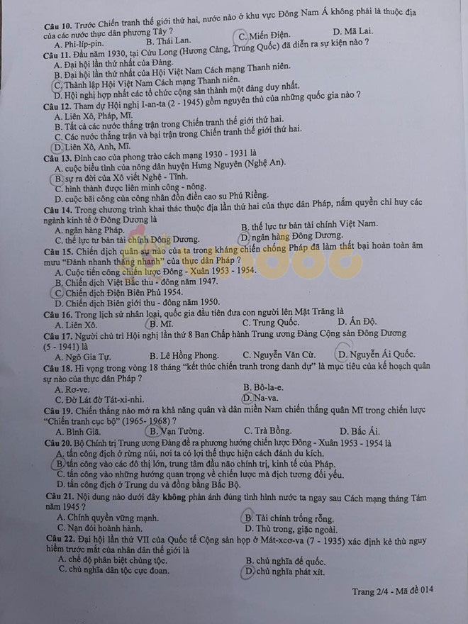 Đáp án đề thi vào lớp 10 môn Lịch sử Hà Nội năm 2019