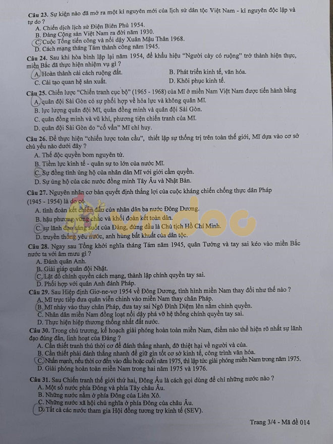 Đáp án đề thi vào lớp 10 môn Lịch sử Hà Nội năm 2019
