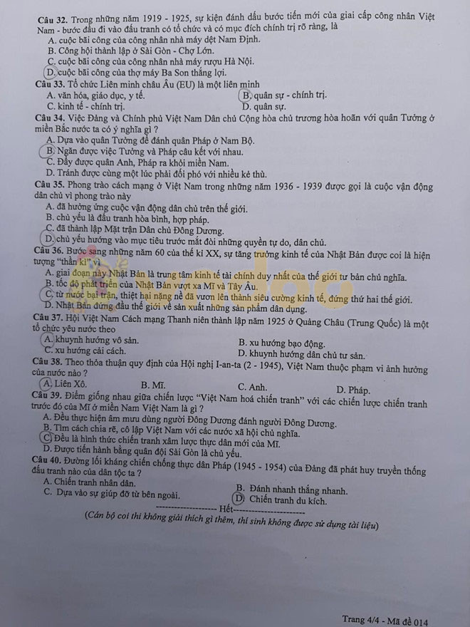 Đáp án đề thi vào lớp 10 môn Lịch sử Hà Nội năm 2019