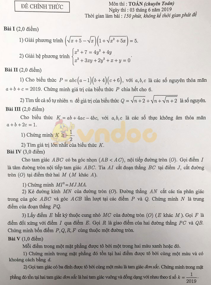Đáp án đề thi vào lớp 10 môn Toán Chuyên Hà Nội 2019
