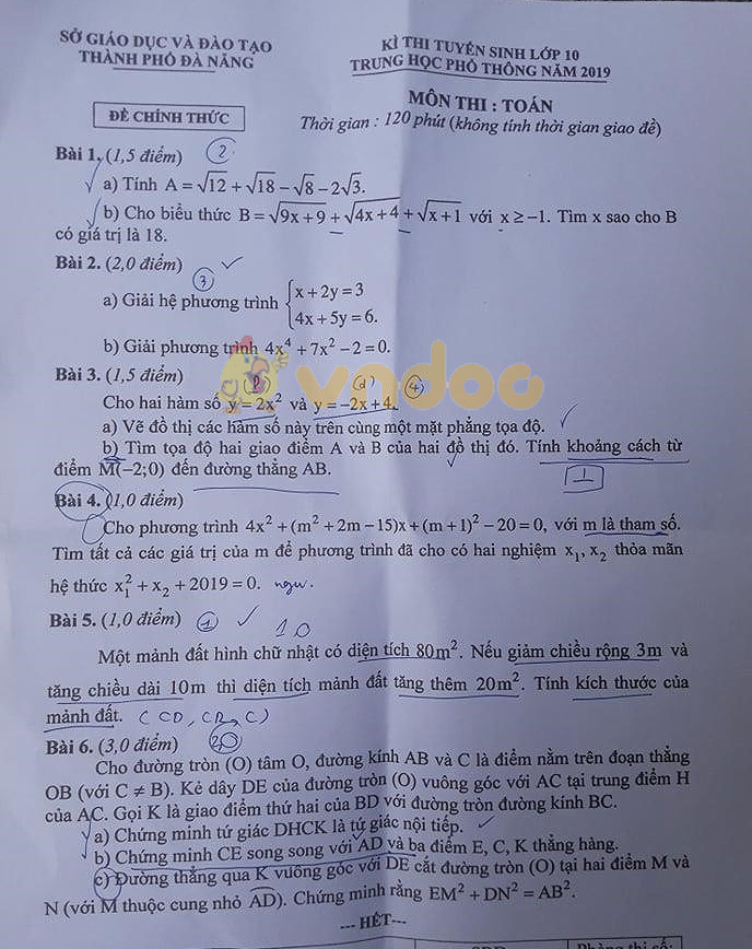 Đáp án đề thi vào lớp 10 môn Toán Đà Nẵng năm 2019