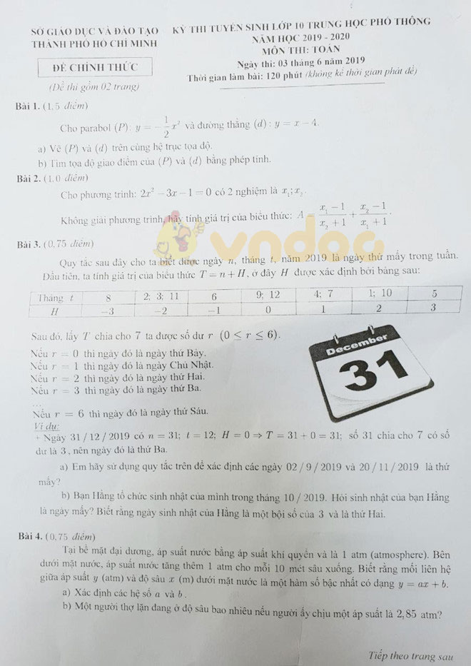 Đáp án đề thi vào lớp 10 môn Toán Thành Phố Hồ Chí Minh năm 2019